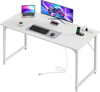 PRAISUN 47 X 20 Inch Computer Desk, Power Outlets, USB-C, White | Office Desk with 4 AC Outlets, USB & USB-C, Sturdy Metal Frame, Spacious Desktop for Work, Writing, Study & Gaming
