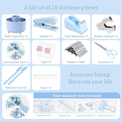 Gawsey Blue Desk Organizers and Accessories with Desk Organizer 360° Rotating Pen Holder and Office Supplies, Cute Stationery Supplies Set