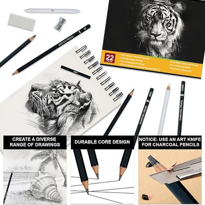 Aenir Charcoal Pencils for Drawing, Set of 22, Professional Drawing Sketch Pencils, Charcoal Art Supplies for Sketching, Shading, Artist Charcoal Supplies for Beginners & Pro Artists.