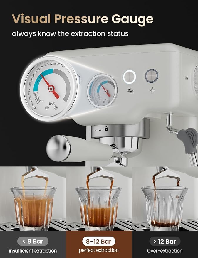 Neretva Stainless Steel Espresso Machine with Visible Pressure Guage-White | 15 Bar Professional Espresso Maker with Powerful Milk Frother and LED Display for Home Baristas to Make Latte, Cappuccino
