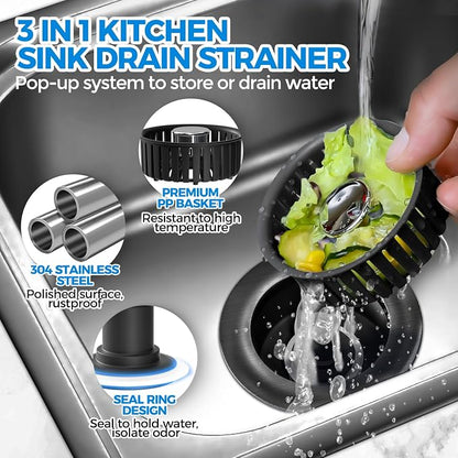 zaa 3 in 1 Kitchen Sink Drain Strainer Stopper Removable Basket Pop-Up | Kitchen Sink Accessories 1 Pack All Black Stainless - Food Catcher, Odor-Blocking Seal, Fits 3.5" Drain