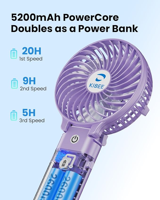 KIBEE Portable Handheld Fan, 5200mAh Rechargeable Mini Fan with Up to 20H Runtime, 180° Foldable Personal Fan, 3 Speeds, Desk Stand, Travel Essentials for Women, Concerts, Makeup, Camping, Purple