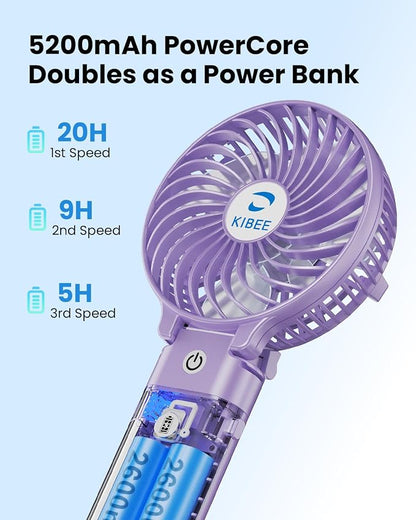 KIBEE Portable Handheld Fan, 5200mAh Rechargeable Mini Fan with Up to 20H Runtime, 180° Foldable Personal Fan, 3 Speeds, Desk Stand, Travel Essentials for Women, Concerts, Makeup, Camping, Purple