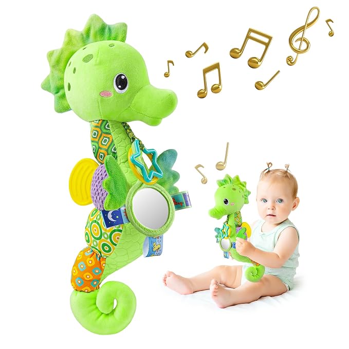 Sumobaby Infant Baby Musical Stuffed Animal Activity Soft Toys with Multi-Sensory Crinkle, Rattle and Textures, for Tummy Time Newborn 0-3-6-12 Months Girls,Seahorses - Green with Baby Mirror