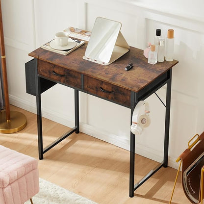 DUMOS 32-Inch Small Computer Desk with Drawers, Hook and Side Bag, Brown | Home Office Desk for Bedroom, Gaming Writing Study Desk with Adjustable Feet