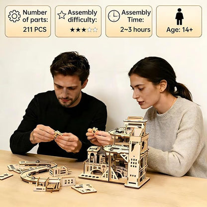 3D Wooden Puzzle for Adults, Marble Run - Advanced Roller Coaster Model Building Set, DIY Wooden Marble Run Track and 3D Jigsaw Puzzle for Adults and Teenagers, challenging Birthday Gift