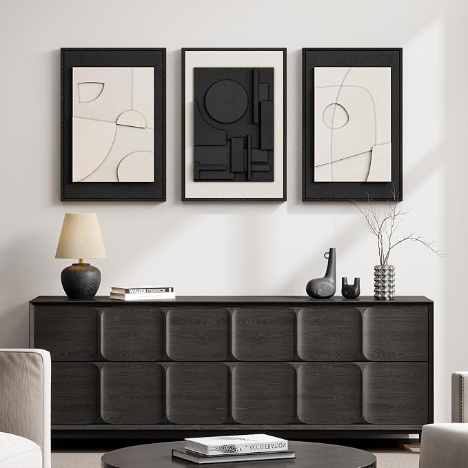 3D Textured Framed Black and White Abstract Wall Art for Bedroom, 3 Piece Modern Paintings Artwork for Walls, Minimalist Black White Geometric Pictures for Living Room, Dining Room Wall Decor 16x24 In