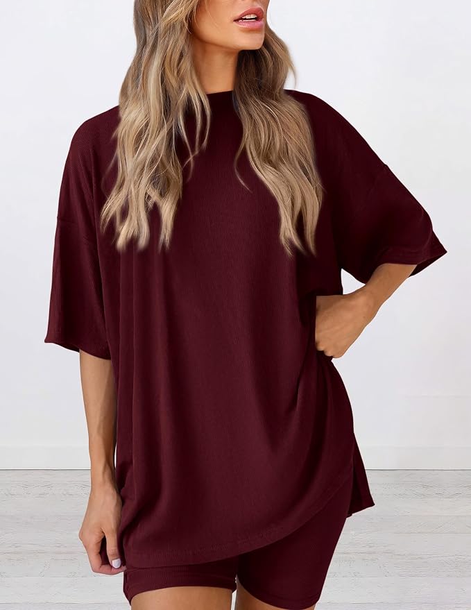 PRETTYGARDEN Women 2 Piece Lounge Set 2026 Summer Casual Oversized Shirts Biker Shorts Matching Airport Travel Outfit Clothes