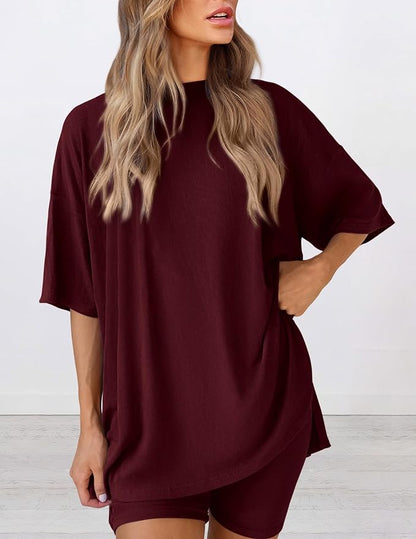 PRETTYGARDEN Women 2 Piece Lounge Set 2026 Summer Casual Oversized Shirts Biker Shorts Matching Airport Travel Outfit Clothes