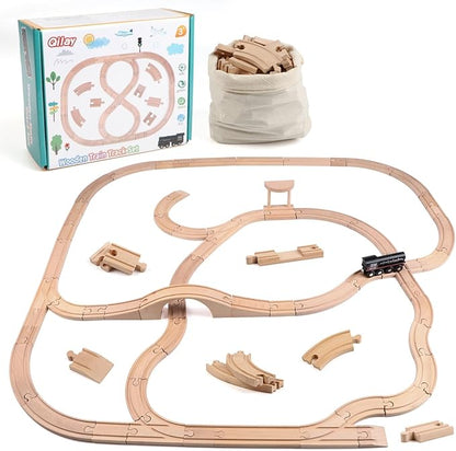 Qilay Wooden Train Track Set - 62PCS Track Expansion with 1 Bonus Magnetic Trains, Arched Bridge, Storage Bag, Compatible with All Major Brand Train Set for Kids 3+