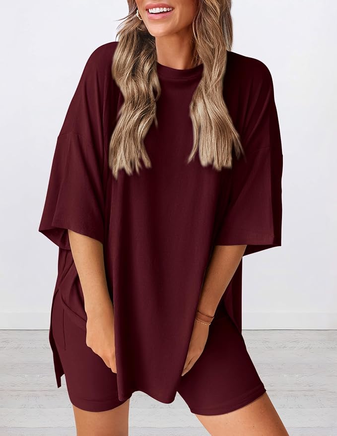 PRETTYGARDEN Women 2 Piece Lounge Set 2026 Summer Casual Oversized Shirts Biker Shorts Matching Airport Travel Outfit Clothes