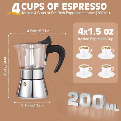 4 Cup 200ml Glass Moka Pot, Stovetop Espresso Maker, Silver | Crystal Glass-top & Stainless Steel Coffee Maker, Induction Compatible, for Greca de Cafe, Cuban and Italian Coffee Brewing