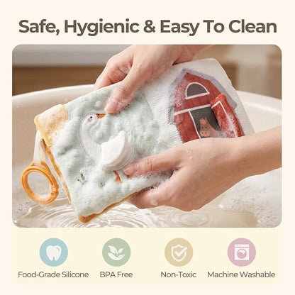 let's make Soft Baby Book for 0-12 Months, Crinkle Sensory Cloth Book with Teether, Mirror, Squeaker and C Clip, Farm Story Tummy Time Stroller Toy