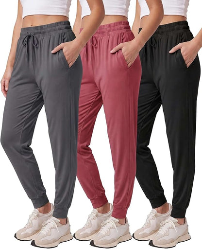 3 Pack Women's Lounge Joggers Sweatpant Active Athletic Yoga Workout Pocket | Available in Plus Size, Ladies Casual, Drawstring Gym Pants, Sleep Bottoms, Hiking, Running, Fitness, Exercise, Pajama, Soft