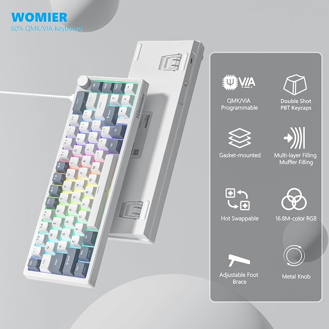 Womier 60% Gaming Keyboard Wired, Creamy Mechanical Keyboard QMK/VIA | Hot Swappable Gasket Mount RGB Key board & Translucent Keycaps POM Linear Switch for Windows/MAC (VK66 PRO White)