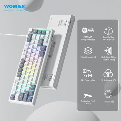 Womier 60% Gaming Keyboard Wired, Creamy Mechanical Keyboard QMK/VIA | Hot Swappable Gasket Mount RGB Key board & Translucent Keycaps POM Linear Switch for Windows/MAC (VK66 PRO White)