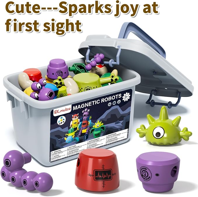 Magnetic Robot Toy for Kids 3-5, 35 PCS STEM Educational Playset with Storage Box, DIY Stacking Monster Robots, Toddler Creative Alien Toys Gift for Boys Girls (Christmas Birthday)