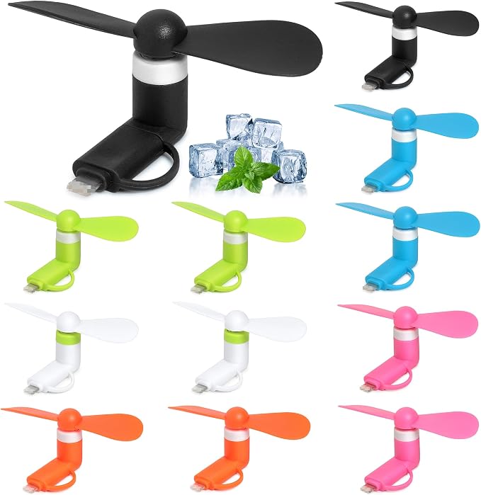 Mini Cell Phone Fan 12 Pack, 2-in-1 Fan Compatible for iPhone, iPad, Android Smartphone,Tablet Fit for Type C/Lightning Port Colorful and Powerful Cell Phone Summer Accessories