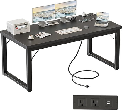 Mericonia 54 Inch Computer Desk with Power Outlets, 1.2" Thick Office Table | Modern Simple Style, Heavy Duty Industrial Frame, Study & Writing Table for Home Bedroom Work, Black
