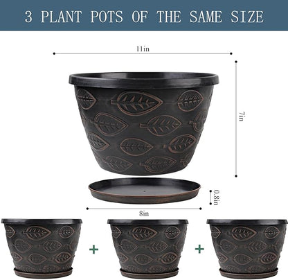 3 Pack Flower Pots Outdoor 11 Inch Plant Pots Indoor, Large-Plastic-Plant-Flower-Planters-Pots with Drainage Hole & Tray, Modern Decorative Garden Pot with Saucer(Brown)