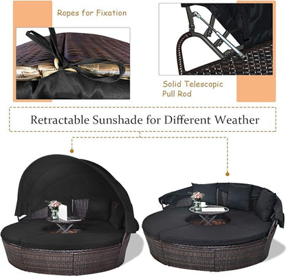 Tangkula Patio Round Daybed with Retractable Canopy, Outdoor Wicker Rattan Furniture Sets, Sectional Cushioned Sofa Set w/Height Adjustable Coffee Table, Rattan Conversation Sets (Black)