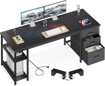 AODK 63 Inch Computer Desk with Drawers & USB Power Outlets | Reversible Home Office Desk with Storage Shelves, Work from Home, Modern Work/Writing/Study Table for Bedroom, Black
