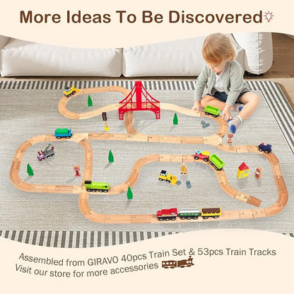 Wooden Train Track Set 53pcs, Wood Train Tracks Accessories Expansion Pack fits Melissa and Doug, fits Brio, fits Thomas, Montessori Toys, Birthday Gift for Boys Girls Toddler Kids (Train Track)