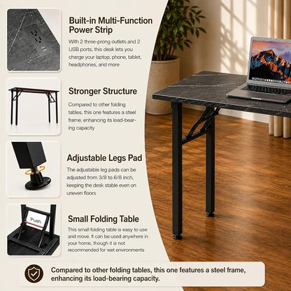 Folding Table Computer Desk - 55.1" No Assembly Folding Desk with Power Outlets & USB Charging Port, Small Desk, Foldable Office Desk, Compact Storage Portable Use for Small Space, Marble Greige