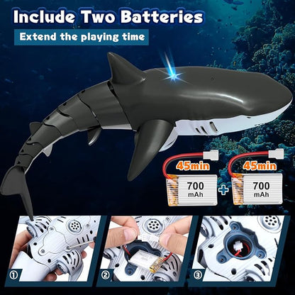 2.4Ghz RC Pool Toys Remote Control Shark for Boys Kids, Highly Realistic Shark Pool Toys for Kids, RC Boat Outdoor Water Toy with Light and Spray Water for Boys Girls Ages 6+ (with 2 Batteries)