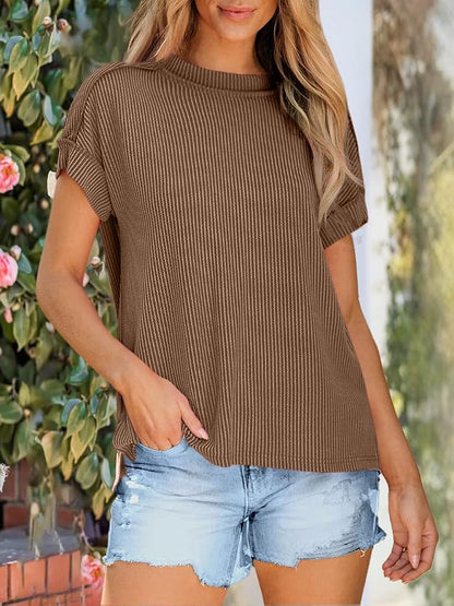 ANRABESS Womens Short Sleeve Crewneck Shirts Ribbed Knit High Low Hem T Shirt 2026 Summer Spring Casual Tops Trendy Clothes