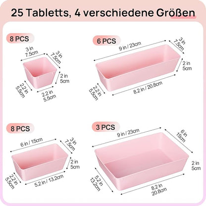 Vtopmart 25 PCS Plastic Drawer Organizers Set, 4-Size Versatile Bathroom and Vanity Drawer Organizer Trays, Storage Bins for Makeup, Bedroom, Kitchen Gadgets Utensils and Office | 4-Size Versatile Makeup Organizer, Storage Containers Small Bins for Mak...