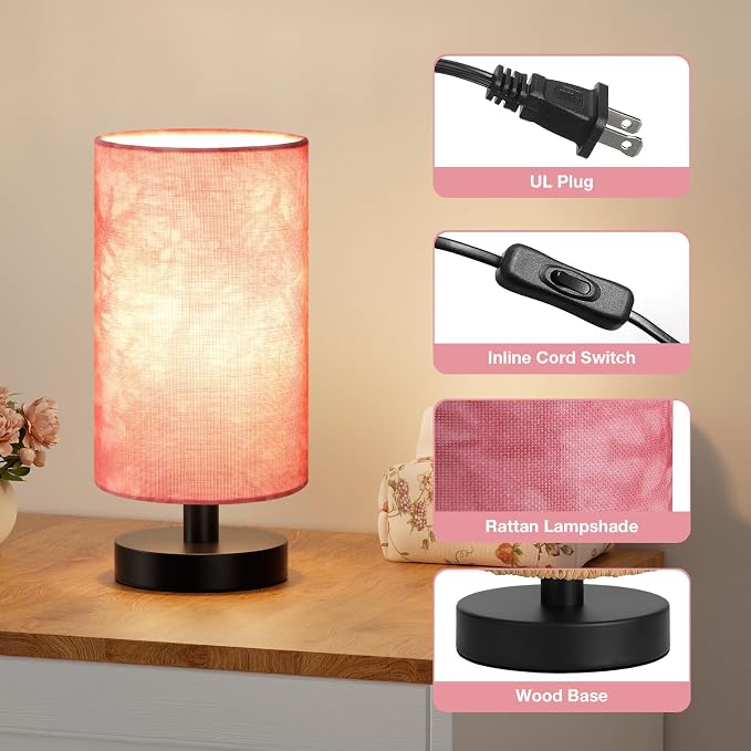 Fenmzee Small Table Lamps(Pink Shade - Black Base, 9" Inline Control) | 3000K LED Blub Included | 680 Lumens | Easy Assembly | Minimalist Design | E26 | for Kitchen | for Kids Room