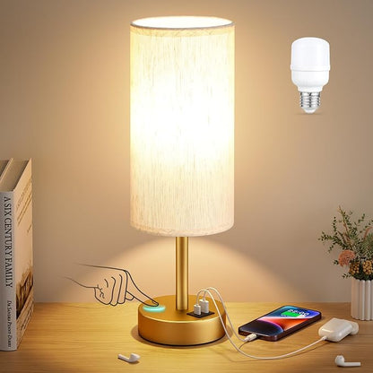 Dicoool Bedside Table Lamp for Bedroom - 3-Way Dimmable Touch Lamp, USB A+C | LED Bulb Included, 14" Small Nightstand Lamp for Desk, Living Room, Guest Room, Cream Fabric Lampshade, Gold Metal Base