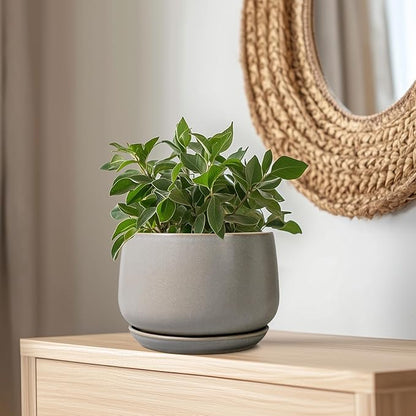 G EPGardening Ceramic Planter 9 Inch - Round Modern Plant Pots with Drainage and Plant Saucer Indoor Outdoor for Flower, Vanity Decor, House Gifts, Retro Grey