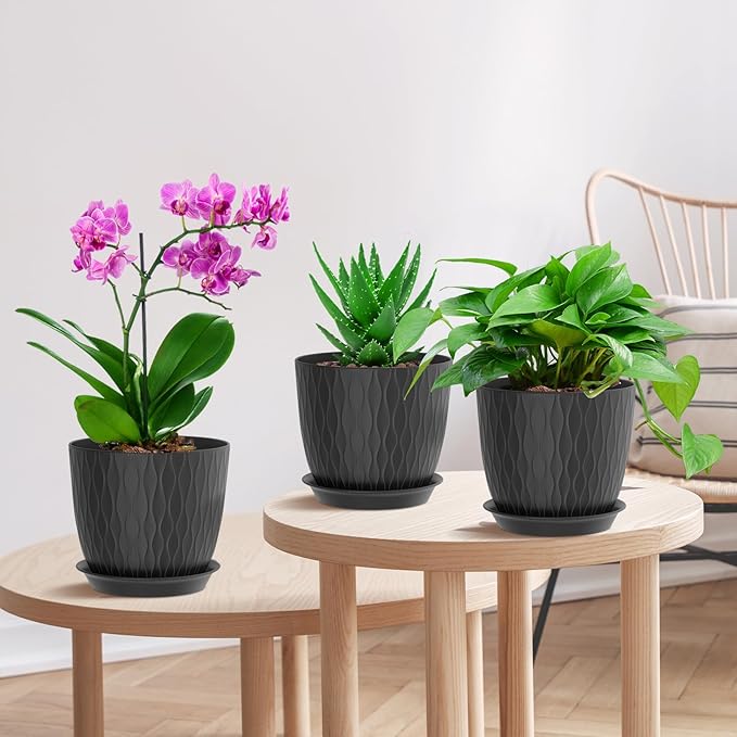 7 inch Plant Pots, 5 Pack Flower Pots with Drainage Holes and Saucers for Indoor Plants, Plastic Planters with Water Ripple for Small Garden House Plants, Nursery Pots for Succulent, Black