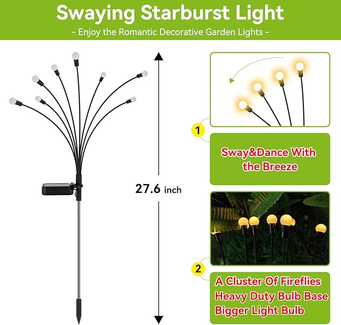 Solar Garden Lights Outdoor Waterproof, 6 Pack 48 LED Swaying Light Firefly Light Outdoor Decor Lights for Garden Gifts for Pathway Party Christmas Decoration, Warm White