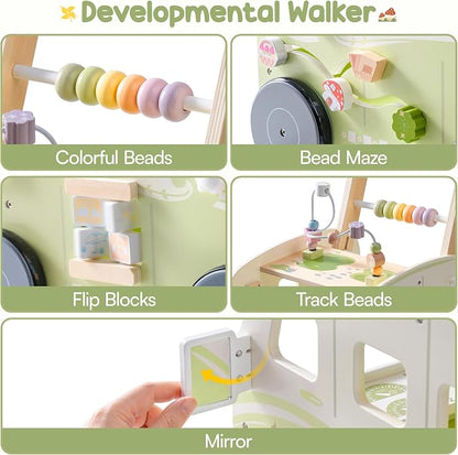 ROBOTIME Wooden Baby Walker, Baby Push Walker, Ajustable Speed Multi-Functional Baby Walker with Wheels for Babies Learning to Walk, Sit-to-Stand (Green)