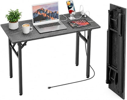 Folding Table Computer Desk - 43.3" No Assembly Folding Desk with Power Outlets & USB Charging Port, Small Desk, Foldable Office Desk, Compact Storage Portable Use for Small Space, Marble Greige