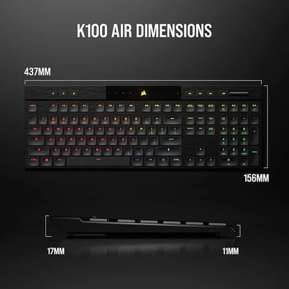 Corsair K100 AIR Wireless RGB Mechanical Gaming Keyboard - Ultra-Thin, Sub-1ms Slipstream, Low-Latency Bluetooth, Cherry MX Ultra Low Profile Keyswitches - NA Layout, QWERTY - Black