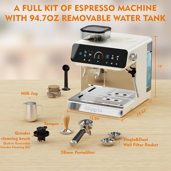 Ollygrin Semi-Automatic Espresso Machine with Grinder, 2-in-1 Coffee Machine with Milk Frother, 20 Bar Pressure Coffee Maker, Removable Water Tank & Bean Hopper, Expresso Machine for Home Barista