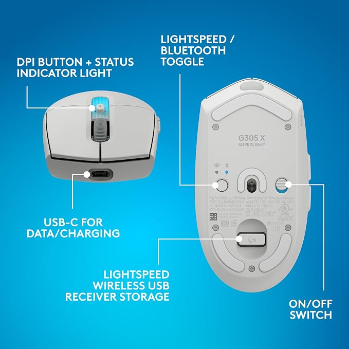 Logitech G305 X Superlight Wireless Gaming Mouse - White | Lightweight 59g, HERO 44K Sensor, RGB lighting, Lightspeed, Bluetooth, 130+ Hr battery life, 6 programmable buttons, PC/Mac