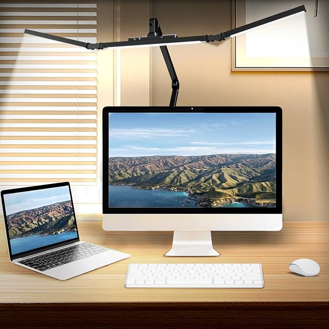 Led Desk Lamp for Home Office, Ultra Bright Touch-Dimming Architect Table Lamp with Clamp, 24W Adjustable Foldable Three Swing Arm Eyecare Led Desk Light with Infrared Sensor-Black