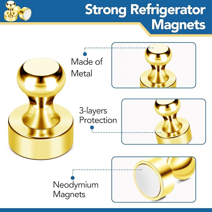 LOVIMAG Fridge Magnets 20Pcs, Magnet for Refrigerator Whiteboard, Gold | Small Strong Neodymium Metal Cute Push Pin for Classroom, Kitchen, Accessories Decorative, Office, Calendar