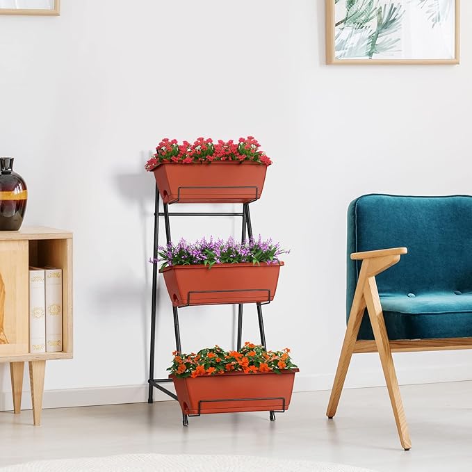 Vertical Raised Garden Bed Outdoor 3 Tiered Garden Planters Standing Elevated Planter Box with Drainage Holes for Plants Herbs Flowers Vegetables Brick Red