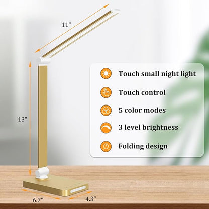 LED Desk Lamp with USB Ports,Touch Desk Lamps for Home Office with 5 Modes | 3 Brightness Desk Light with Small Night Light,Reading Lamp Table Lamp for Bedroom Bedside Study Gold （with adapter）