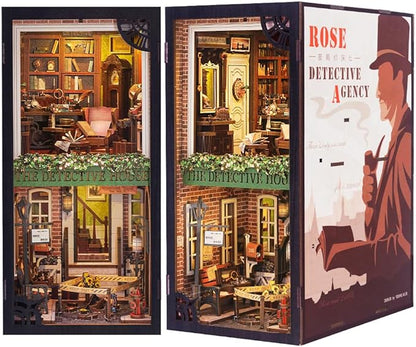 Cutefun Book Nook Kit, DIY Miniature Dollhouse Booknook for Adults, 3D Wooden Puzzle Bookend Bookshelf Insert Decor with LED Light, Gift for Craft Lovers (Rose Detective Agency)