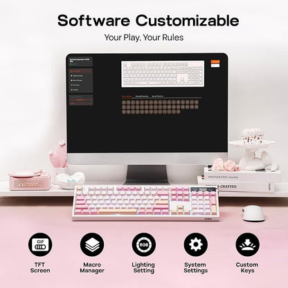 EPOMAKER TH108 PRO Full Size Mechanical Keyboard with Screen & Knob, Wireless Gaming Keyboard with 10000mAh, Creamy Gasket, Hot Swap, Custom Driver, RGB Backlight, NKRO (Pink, Sea Salt Silent)
