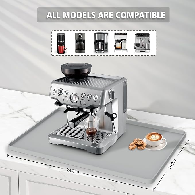 Silicone Coffee Mat 24"x16", Single Piece Anti-Vibration Under Coffee Maker Mat, Non-Slip Espresso Machine Mat with 10mm Raised Edge, Noise Reduction Countertop Protector, Fits Breville Ninja Keurig