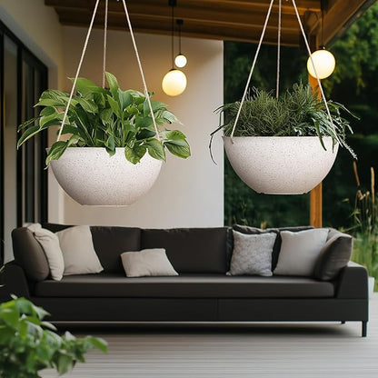 LA JOLIE MUSE Large Hanging Planters for Outdoor Plants - 13 Inch Hanging Flower Pots Set of 2, Speckled White