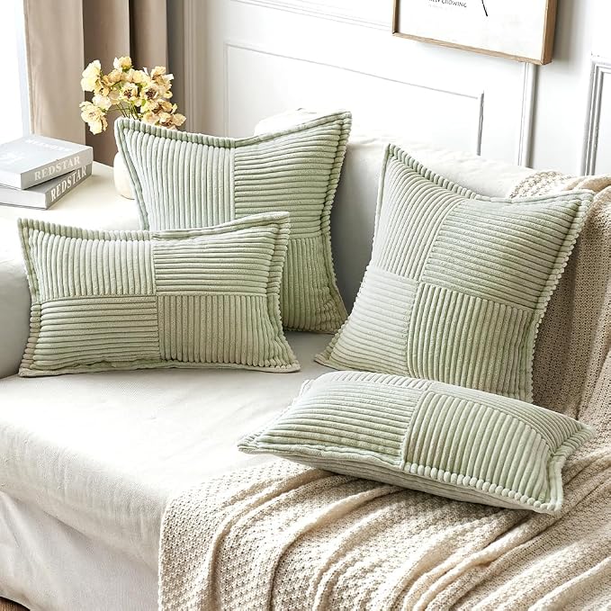 MIULEE Spring Decorative Throw Pillow Covers for Couch Bed Livingroom 16x16 Inch Set of 2 Light Green Boho Accent Throw Pllows Broadside Striped Patchwork Soft Corduroy Summer Pillowcases